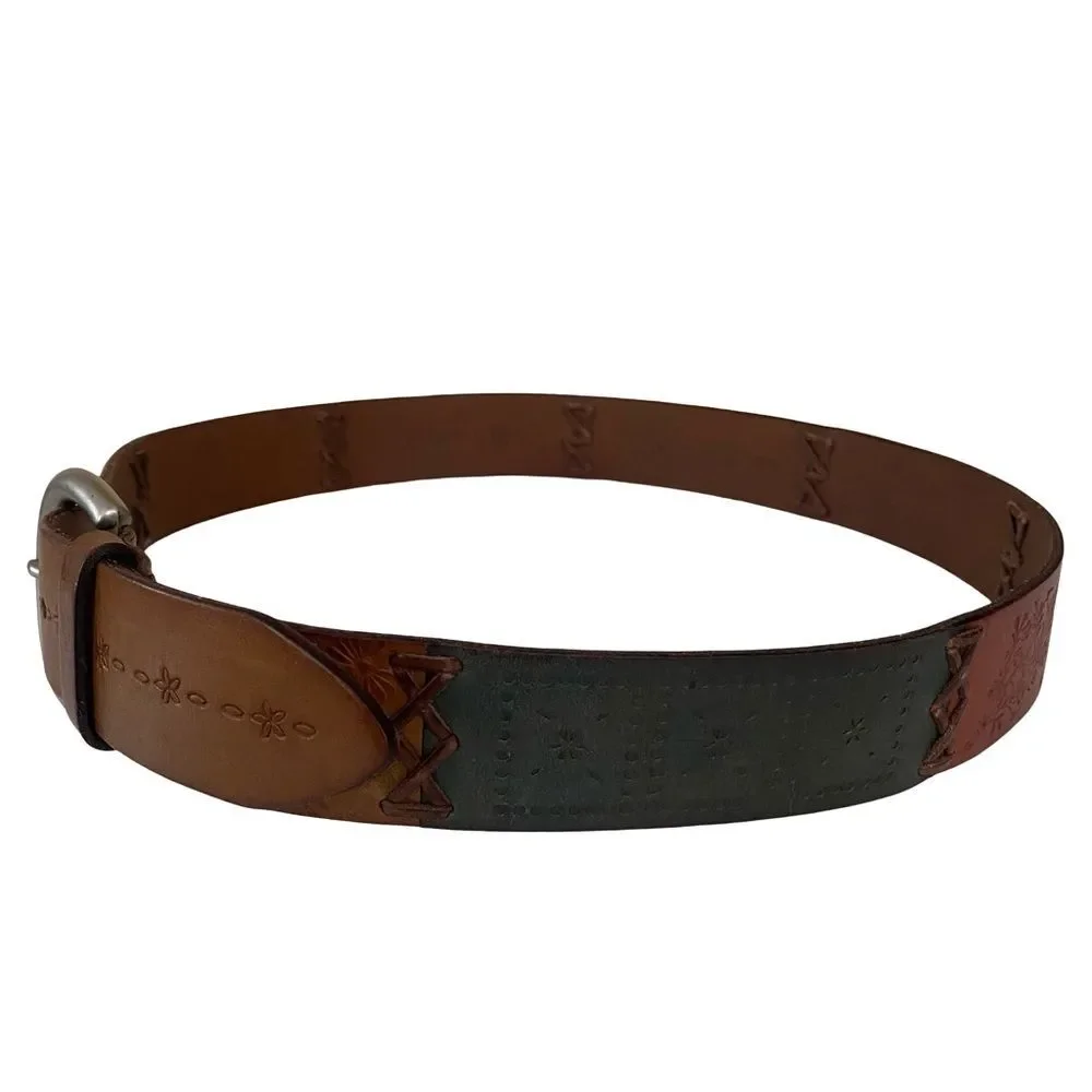 Vintage 90s Fossil Genuine Leather Embossed Stitched Belt Size Medium